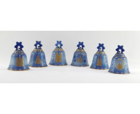A set of six Royal Copenhagen collector's bells, comprising Notre Dame Paris 1978, Ring Out The Bells 1977, Cologne Cathedral