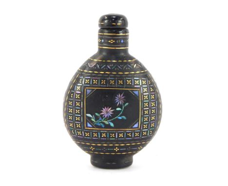 A Japanese Lac Burgaute snuff bottle, possibly 19thC, each side inlaid in mother of pearl with a reserve of flowers against a