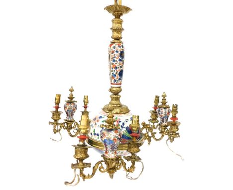 A gilt metal and Imari porcelain mounted hanging ceiling light. 