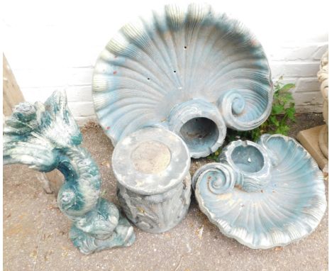 A reconstituted and painted green lily pad two tier planter, with fish top and two scallop bowls.