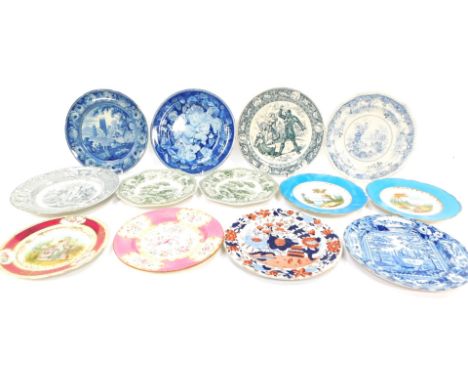 A group of 19thC and later plates, to include Spode The Lion, The Bear and The Fox from Aesop's Fables, two 19thC blue hand p