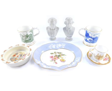 A group of named ceramics, comprising a Coalport Father's Day 1977 mug, a 1978 mug, Royal Worcester commemorative coffee can 