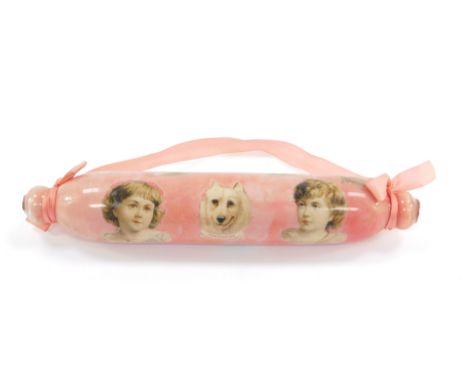 A Victorian glass and decoupage rolling pin, with applied detail of Bloodhound, Mastiff and Bassett dogs, deers and lady figu