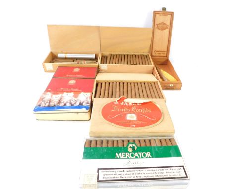 A group of cigars, comprising Balmoral Ten Coronas, Euro Baccy No 1, 2 boxes, a Mercator Junior 50 Pack, empty Benson tins, e