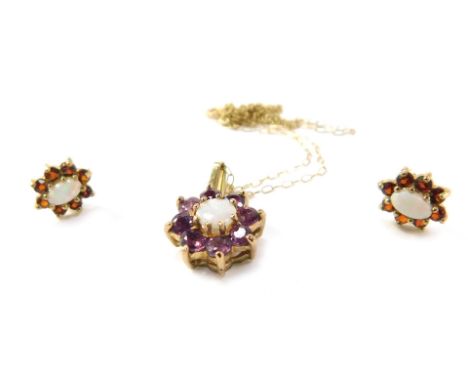 A group of jewellery, comprising a 9ct gold amethyst and opal set with cluster earrings and pendant and chain, the chain AF, 