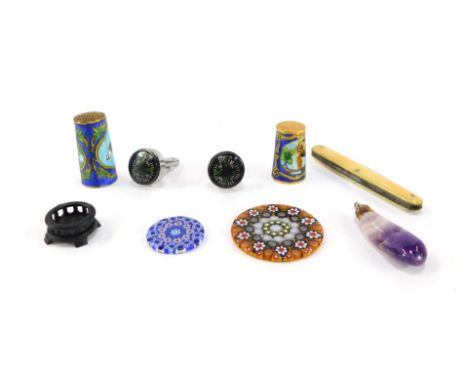 Two millefiori glass discs, Blue John pendant, pair of compass cuff links, two cloisonne enamel thimbles, small wooden stand 