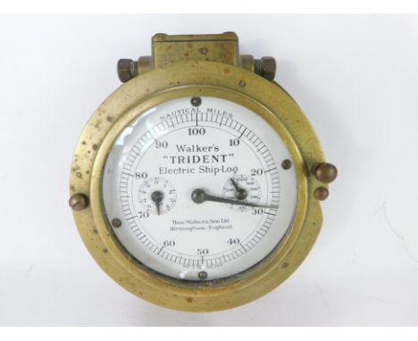 An early 20thC Walker's "Trident" electric ship's log, brass cased, circular white dial bearing nautical miles and two subsid