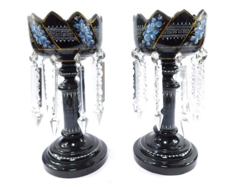 A pair of late 19thC glass lustres, painted floral and enamelled decoration, with clear glass prismatic drops, black, but dee