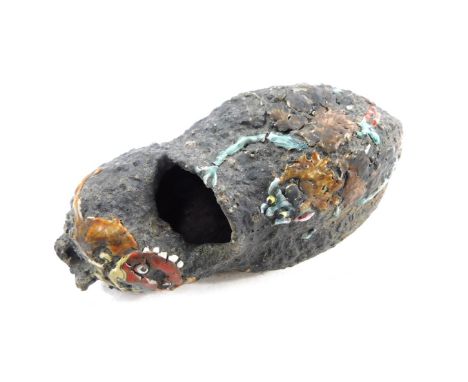 A Japanese Meiji period metal pouch, of gourd form, enamel decorated with beasts, 14cm wide.