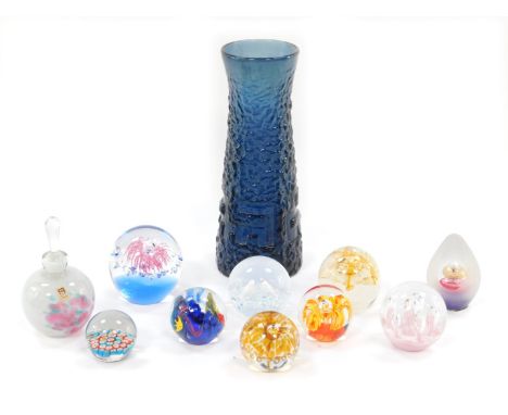 A group of art glass, comprising a Whitefriars style blue vase, 29cm high, a Mdina scent bottle and stopper, 15cm high, two C