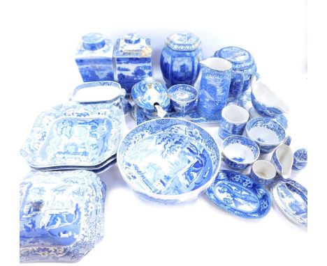 Blue and white wares, to include Ringtons Cathedral jar and cover, various other jar and covers, tureen and stand, Spode ture