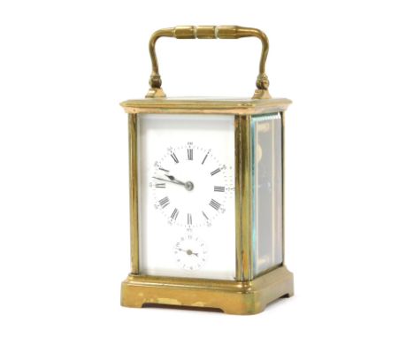 A Hards 19thC brass carriage clock, the white enamel dial bearing Roman numerals, subsidiary alarm dial, two barrel movement 