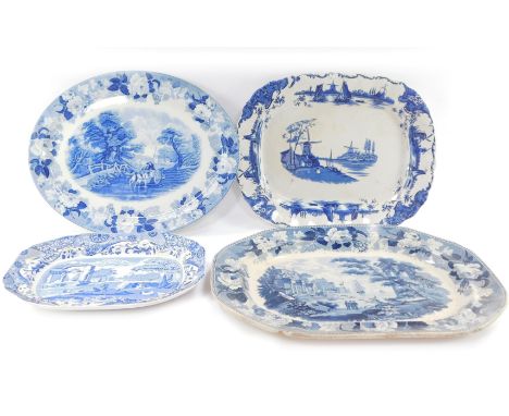 Four 19thC and early 20thC blue and white meat plates, comprising a Woods Ware English Scenery platter, platter decorated wit