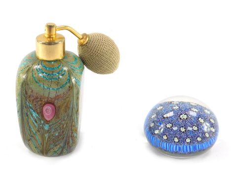 A Murano cut glass atomiser, by Paolotti, with feathered decoration, bears label, 12cm high, together with ALT blue and white