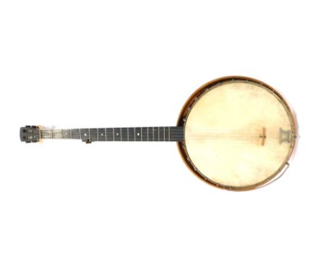A banjo, with light wood case, on mahogany stem, silvered dials, in travel case. (AF)