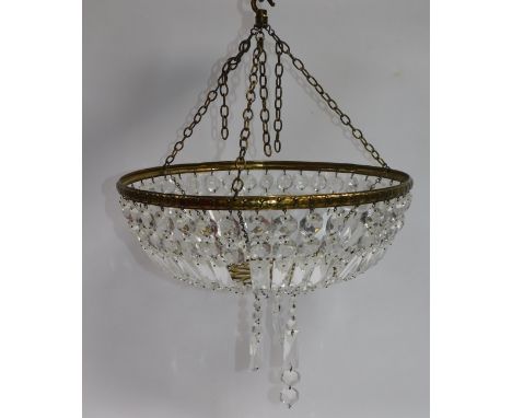 A mid 20thC cut glass chandelier, with brilliant and prismatic drops, on a brass frame and hanging, approx 53cm high.