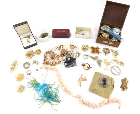 A group of costume jewellery, pearl design necklaces, brooches, mother of pearl inlaid jewellery boxes, etc. (a quantity) 