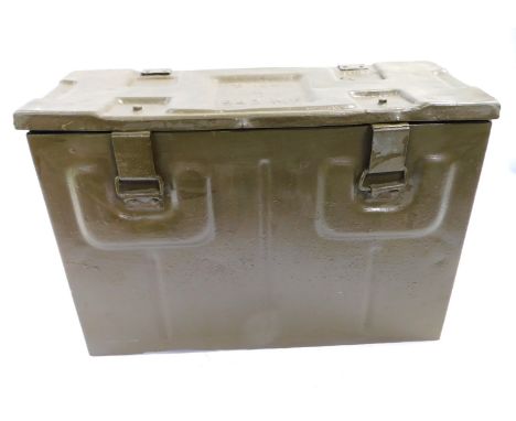 A WWII green military painted ammunition case, B166II 1943 MF, 34cm high, 50cm wide, 22cm deep.