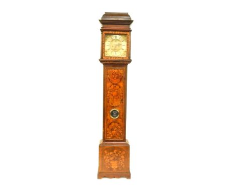 A William &amp; Mary walnut and marquetry longcase clock, with caddy top hood, full length trunk door with bulls-eye glass, w