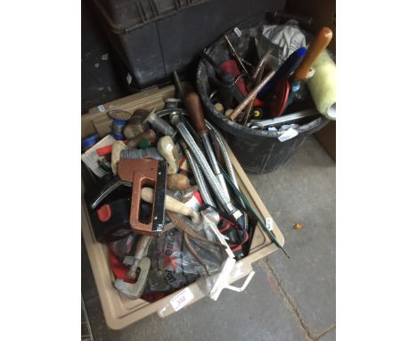 2 boxes of tools and 2 empty plastic toolboxes 