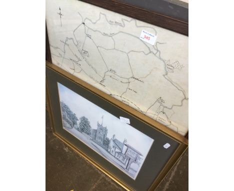 A framed hand drawn map of Brindle dated 1927 and a print of Brindle village church and pub 