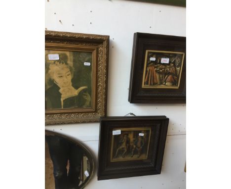 A pair of relief pictures and a print in gilt frame 