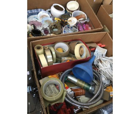 2 boxes of misc including tape, grease gun, misc tools, pottery, etc 