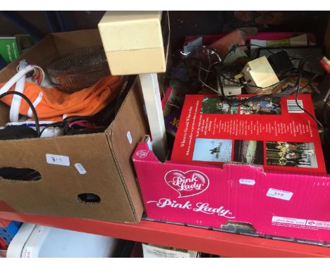 2 boxes of misc including Avery scales, glassware, pottery, drill, camera, etc 