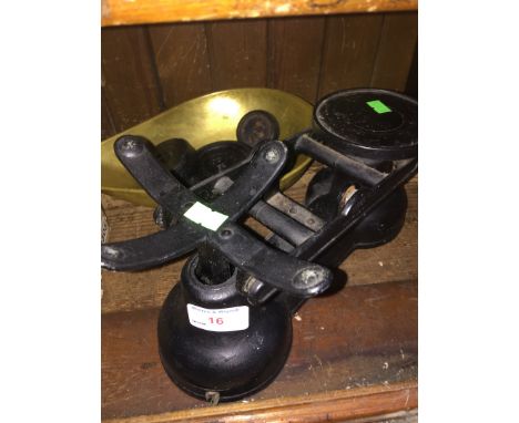 Weighing scales with brass tray and weights 