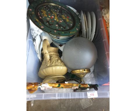A box of collectors plates and other items including a pressed glass light fitting 