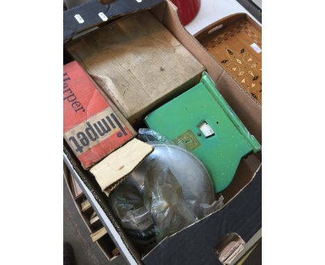 A box of vintage kitchenware including scales and mincer 
