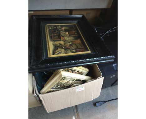 A box of misc including a lamp, various composite decorations, wooden boxes, etc 