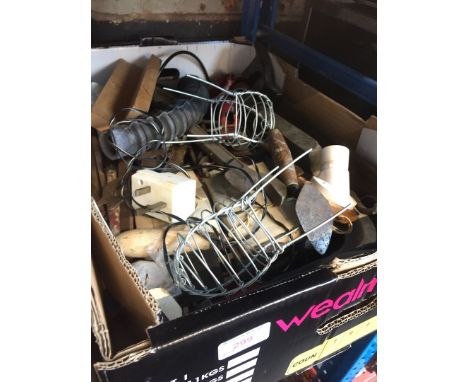 A box of tools and garage items 