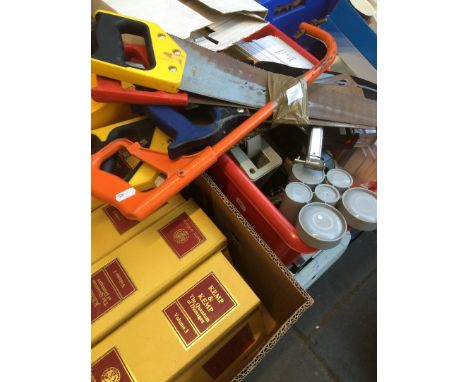 2 boxes with various stationary, envelopes, stapler, few volumes and some tools 
