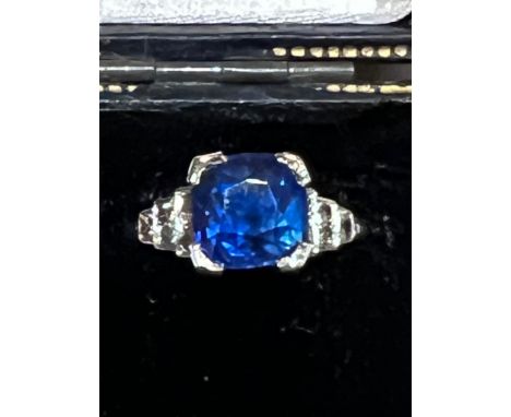 An art deco certified natural  3.31 carat Burmese sapphire &amp; diamond set platinum ring, the four-claw set cushion cut sap