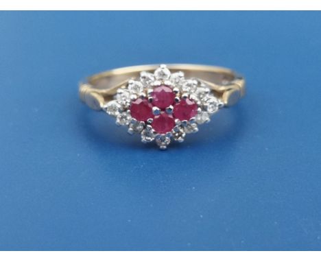 A modern 9ct gold  ruby &amp; diamond set lozenge cluster ring. Finger size N.