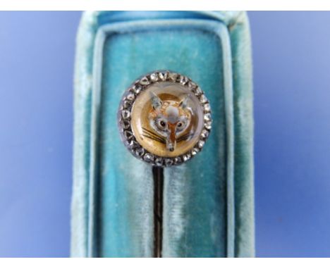 A boxed Victorian Essex crystal stick pin, decorated with a fox head within a cluster of small rose cut diamonds, 2.9".