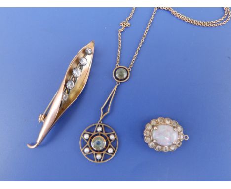 A 9ct leaf brooch, a pendant necklace and an opal pendant. (3)