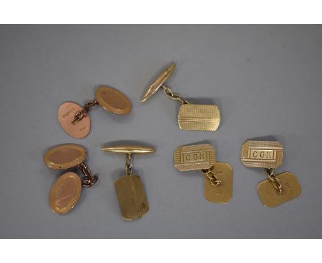 Three pairs of engine turned gold cufflinks, hallmarked 375, 12.5g. 