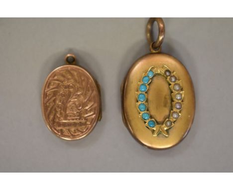 An oval chased gold pendant locket, hallmarked 375, 2.3g total weight; together with a pearl and turquoise metal example. 