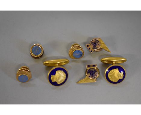 A pair of 'Shell Oil' enamel cufflinks,&nbsp;by&nbsp;Sporrong &amp; Co; together with five enamel and base metal lapel pins. 