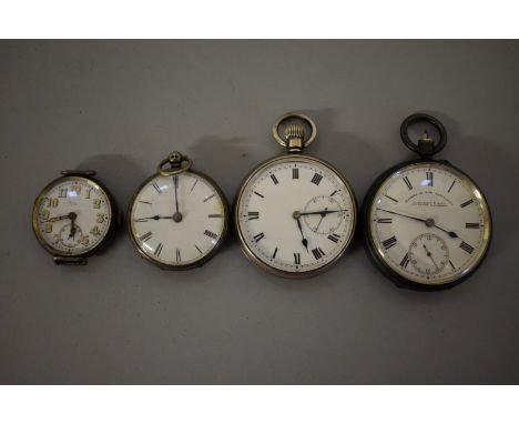 A silver manual wind wristwatch, the dial signed Marc?; together with a silver pocket watch; and two plated examples. 