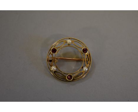 An amethyst and pearl circular gold brooch,&nbsp;stamped 15ct, 2.2cm, 2.9g total weight. 