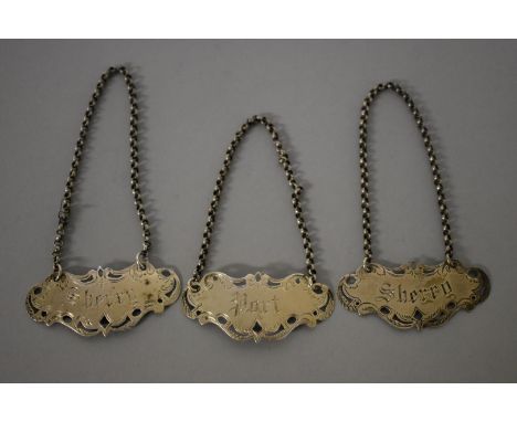 Three Victorian silver decanter labels, by&nbsp;Alfred Taylor,&nbsp;Birmingham 1854/5, 22g. 