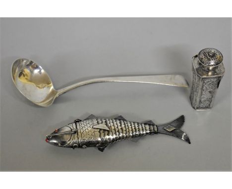 A George III silver Old English pattern sauce ladle, by W E, London 1801; together with a Continental fish snuff box; and an 