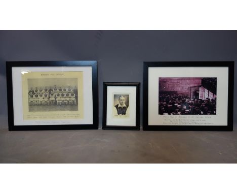 Three framed Arsenal photos to include match day at highbury 1934, team champions 1934 and Cliff Bastin 