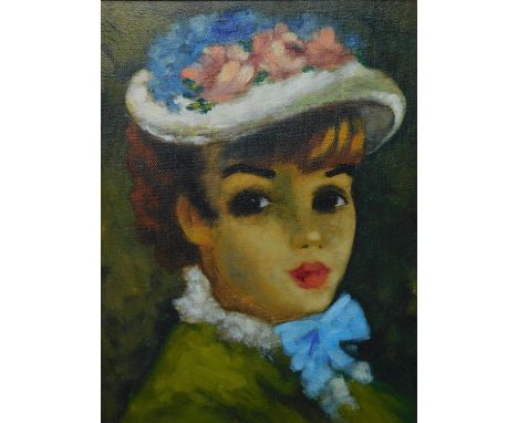 20th century school, Portrait of a Young Girl Wearing a Bonnet, oil on canvas, 29 x 22cm 