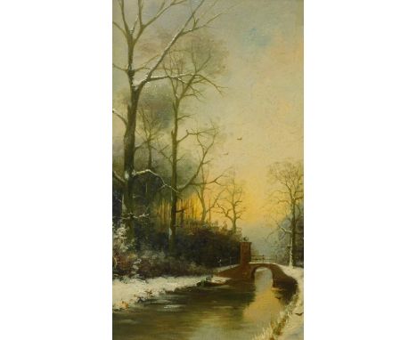 Fredericus Jacobus Rossum du Chattel (Dutch, 1856-1917), Dutch canal scene in winter, oil on panel, 32 x 22cm 