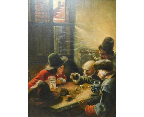 After Jan Havicksz Steen, a 17th century style gambling scene, oil on panel, 62 x 51cm 