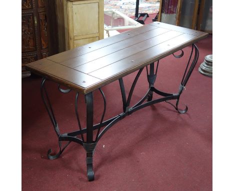 A French wrought iron console table with mahogany top, H.78 W.154 D.55cm 